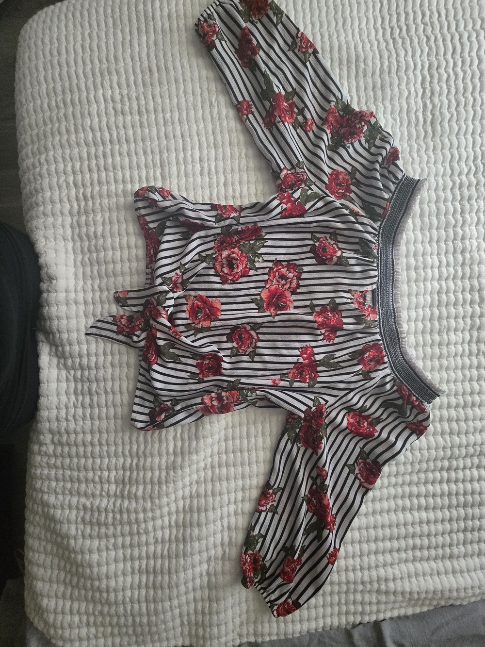 No Boundaries Black & White Striped Blouse with Red Floral Print